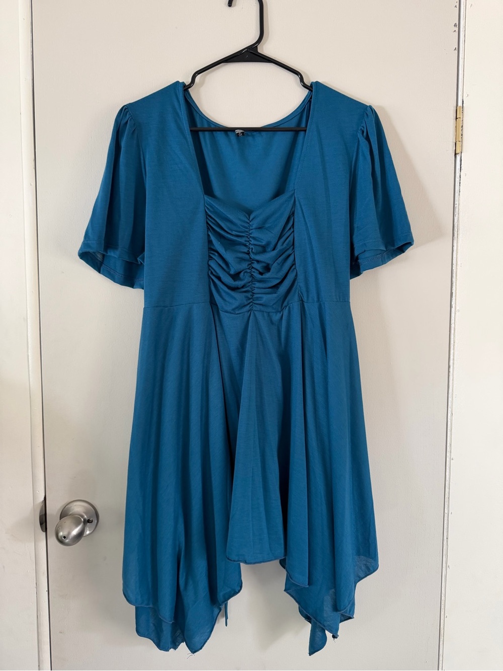 Scoop Neck Ruched Teal Handkerchief Hem Tunic